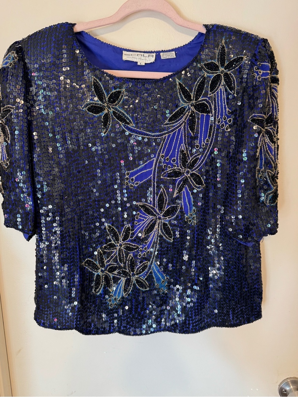 Vintage Scala Navy Blue Sequin Beaded Silk Floral Party Structured top 1980’s.